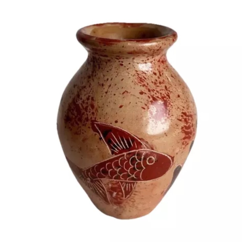 Mini Vase Small 3.5” Red Pottery Etched Coy Fish Folk Art Unsigned